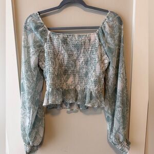 Blue and white sheer Patterned Smocked Blouse